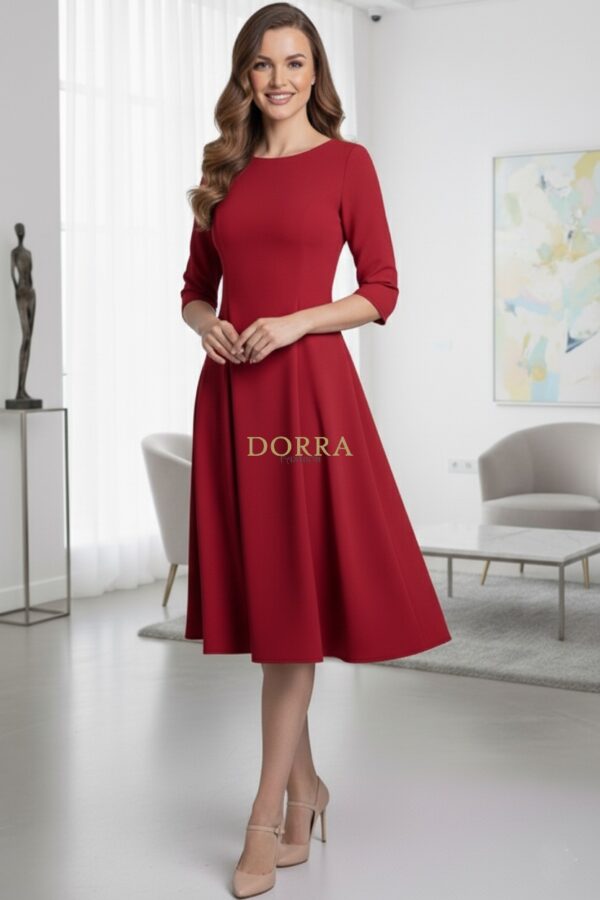 Rochie de zi Kristina din jerse elastic roșu, croială în clini - poză frontală