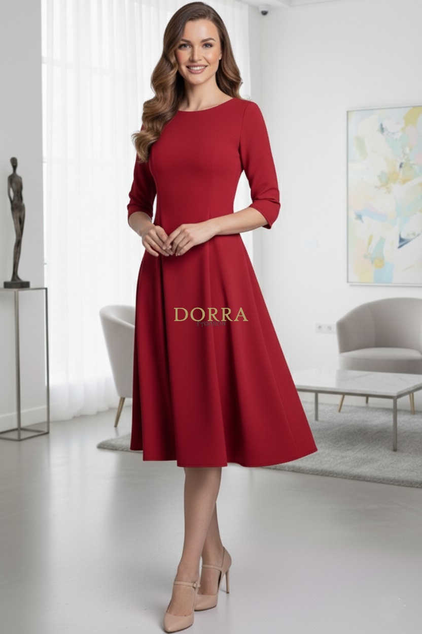 Rochie de zi Kristina din jerse elastic roșu, croială în clini - poză frontală