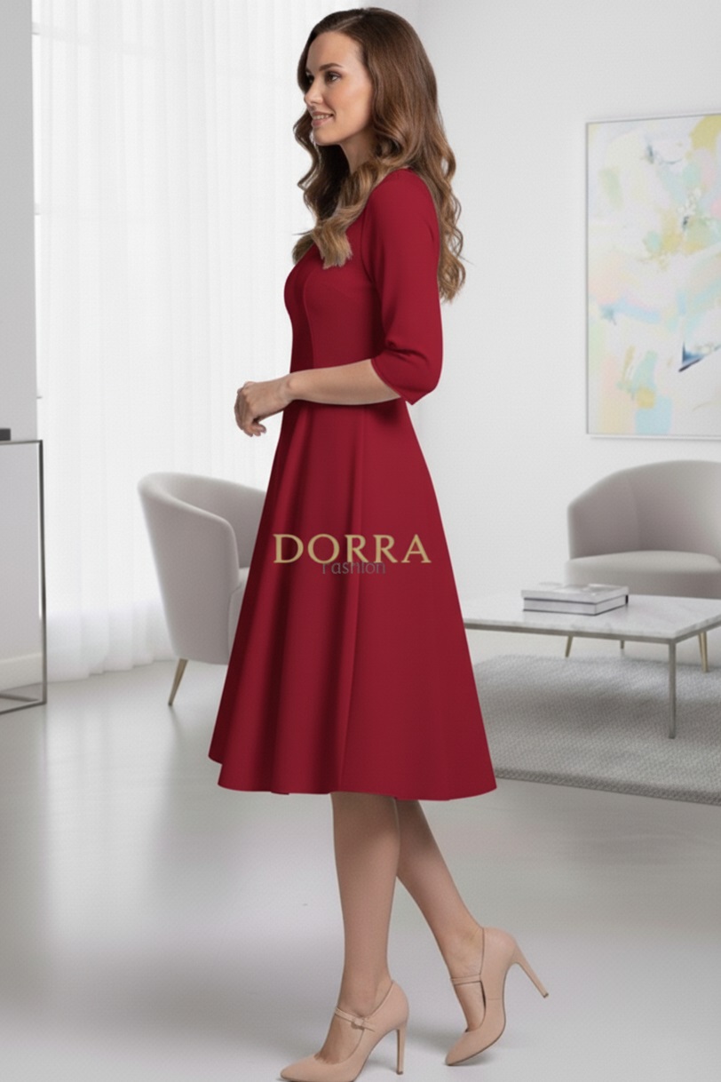 Rochie de zi Kristina din jerse elastic roșu, croială în clini - spate