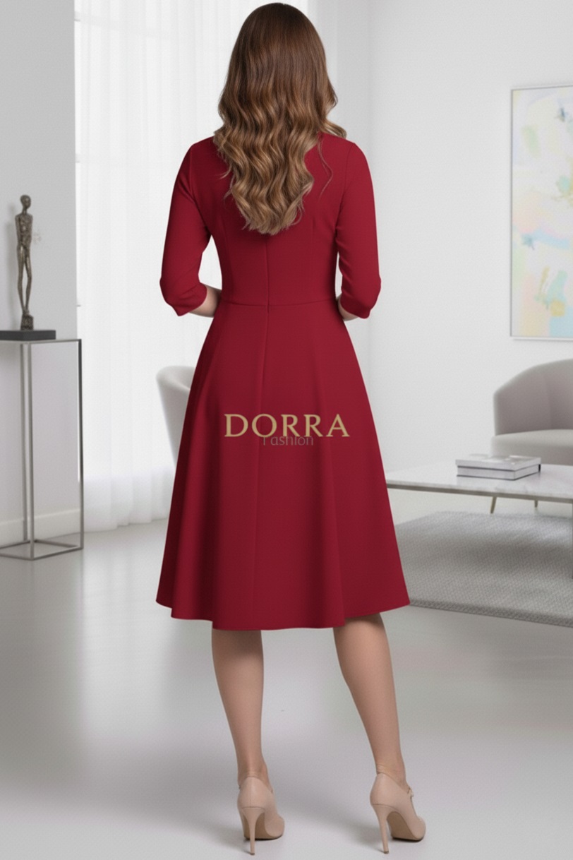 Rochie de zi Kristina din jerse elastic roșu, croială în clini - detaliu