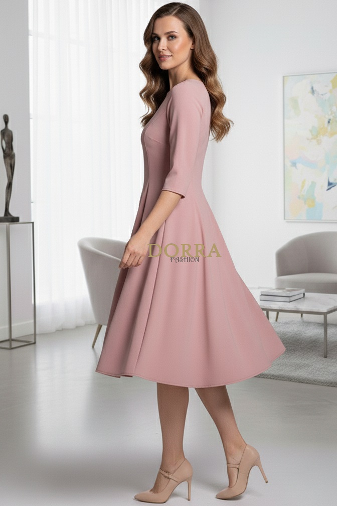 Rochie de zi Kristina din jerse elastic roz prăfuit, croială în clini - spate