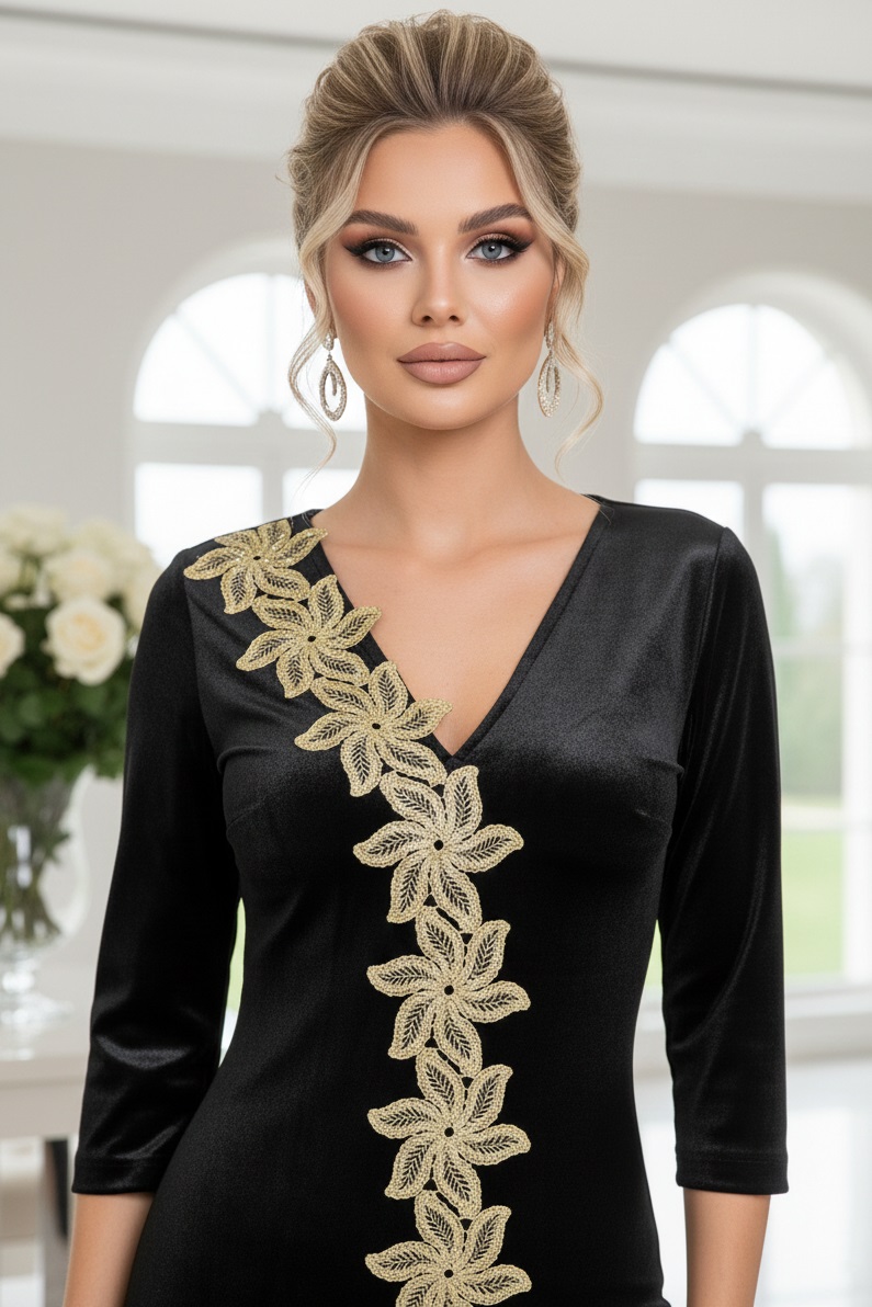 Rochie de ocazie Lindsey din catifea neagră cu aplicații florale aurii - spate