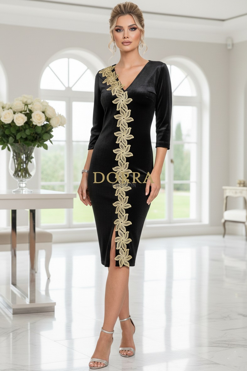Rochie de ocazie Lindsey din catifea neagră cu aplicații florale aurii
