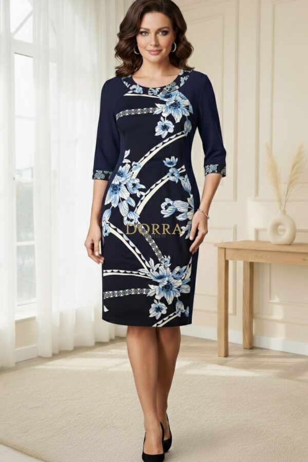 Rochie de zi Lizzy din jerse imprimat și bleumarin, cu croială clepsidră - poză frontală