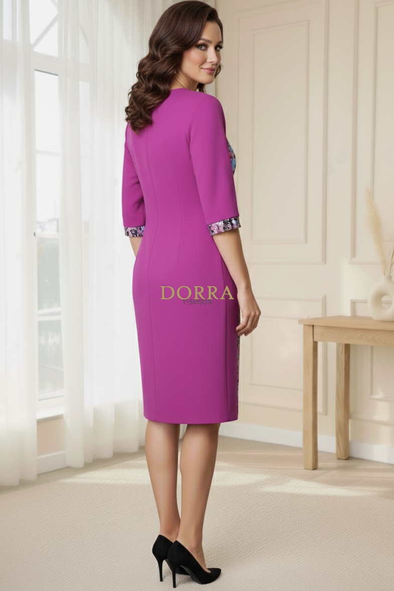 Rochie de zi Lizzy din jerse imprimat și ciclamen, cu croială clepsidră - spate