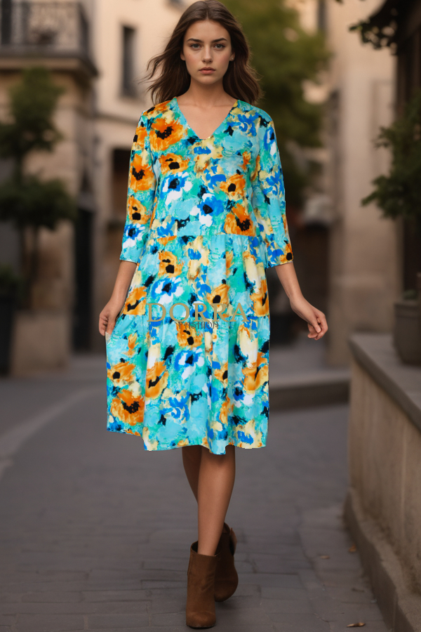 Rochie Lorelai din vâscoză imprimată pe fond turquoise, cu volane - poză frontală