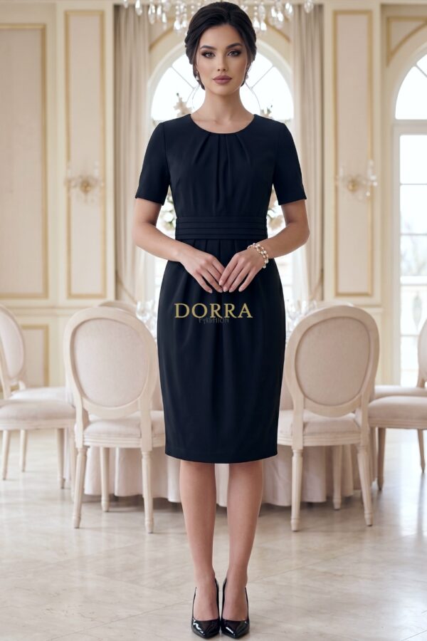 Rochie office Lucille din stofă neagră cu fronseuri în talie - poză frontală