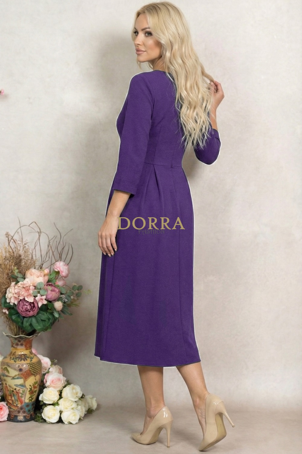 Rochie Marabou din stofă mov cu fustă asimetrică și pliuri - imagine 4