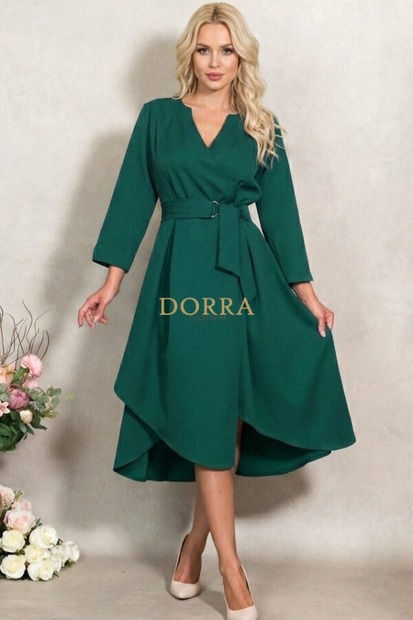 Rochie Marabou din stofă verde smarald cu fustă asimetrică și pliuri - poză frontală