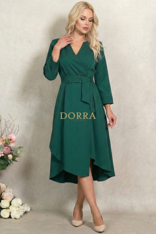 Rochie Marabou din stofă verde smarald cu fustă asimetrică și pliuri