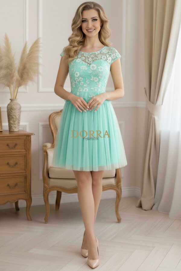 Rochie de ocazie Margarett din tull vernil cu broderie florală