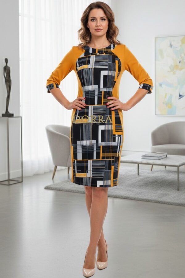 Rochie de zi Maribel din jerse galben muștar cu imprimeu geometric, croială clepsidră - poză frontală
