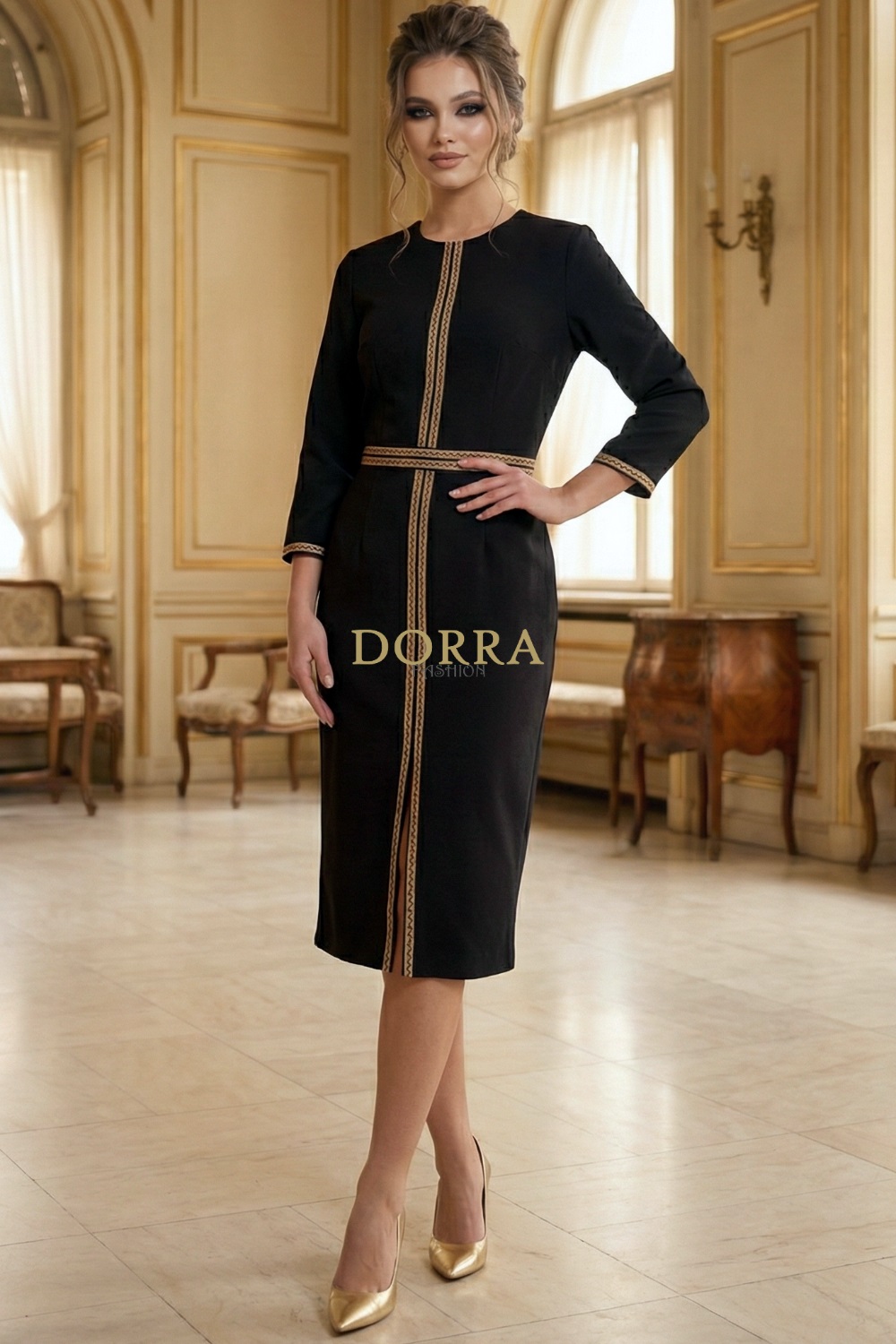Rochie cocktail Matilde din stofă neagră cu aplicații aurii - poză frontală