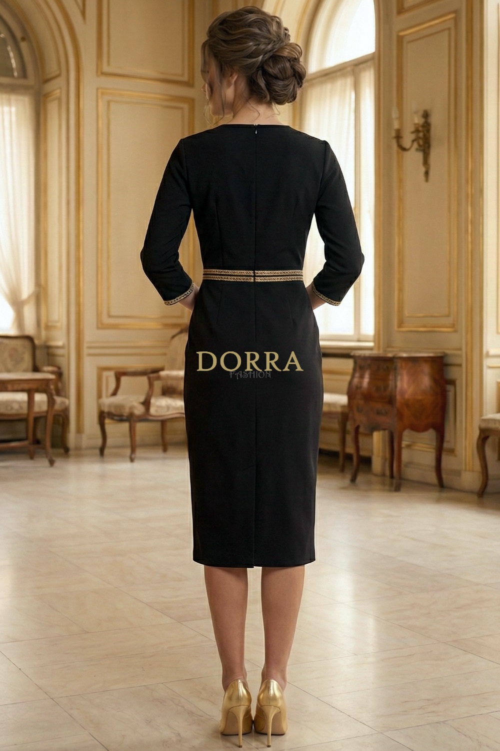 Rochie cocktail Matilde din stofă neagră cu aplicații aurii - detaliu