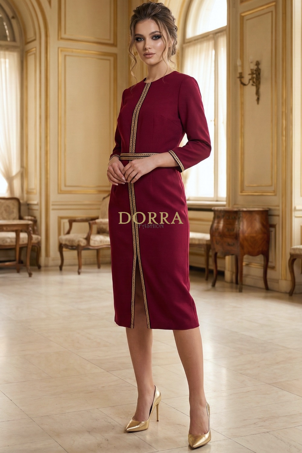Rochie cocktail Matilde din stofă vișinie cu aplicații aurii - poză frontală