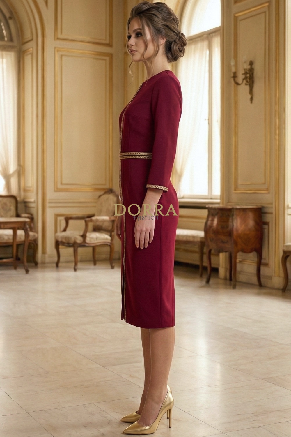 Rochie cocktail Matilde din stofă vișinie cu aplicații aurii - spate