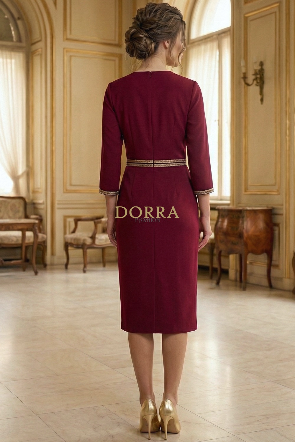 Rochie cocktail Matilde din stofă vișinie cu aplicații aurii - imagine 4