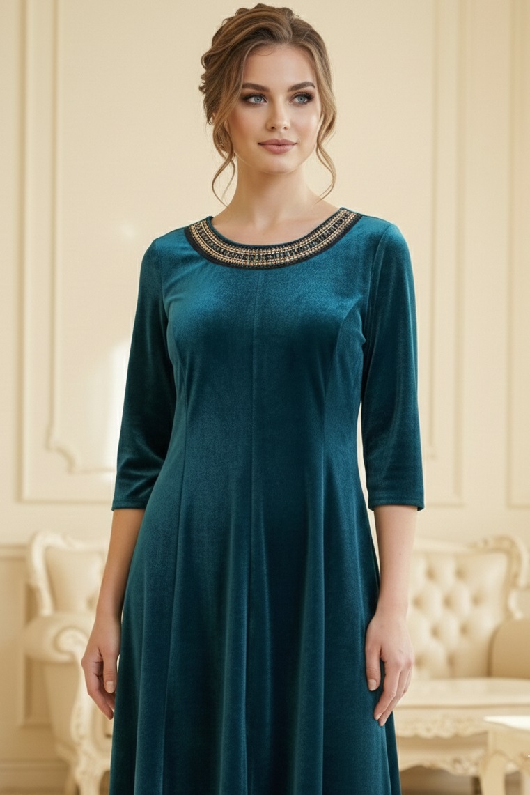 Rochie de ocazie Medeea din catifea turquoise cu aplicație la decolteu - spate