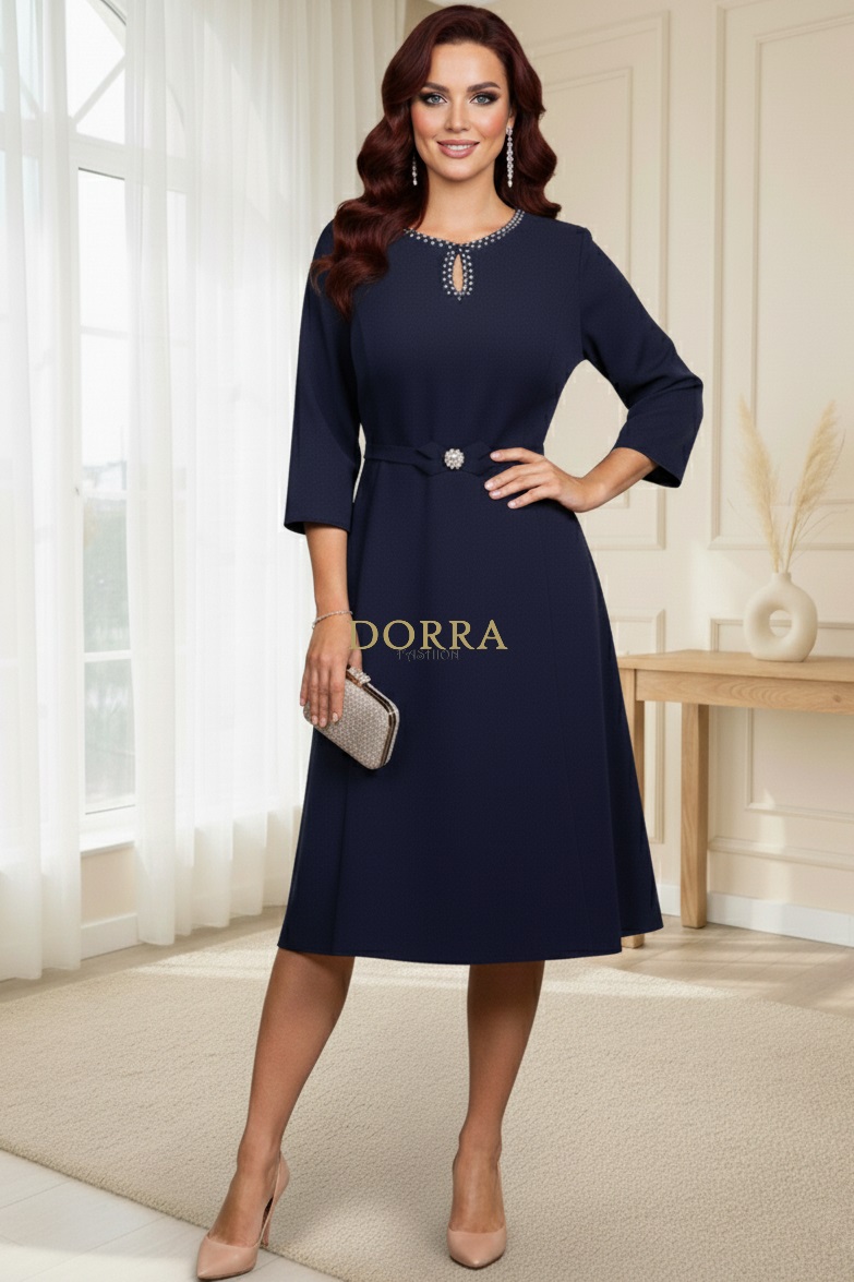 Rochie de ocazie Monicca din stofă bleumarin cu strass-uri la decolteu și curea - poză frontală