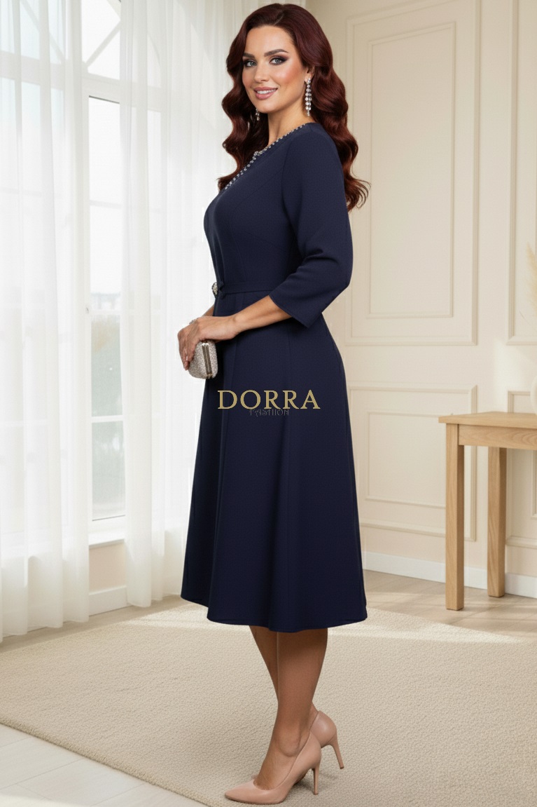 Rochie de ocazie Monicca din stofă bleumarin cu strass-uri la decolteu și curea - spate