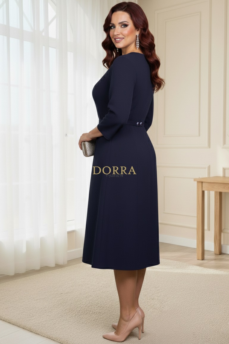 Rochie de ocazie Monicca din stofă bleumarin cu strass-uri la decolteu și curea - detaliu