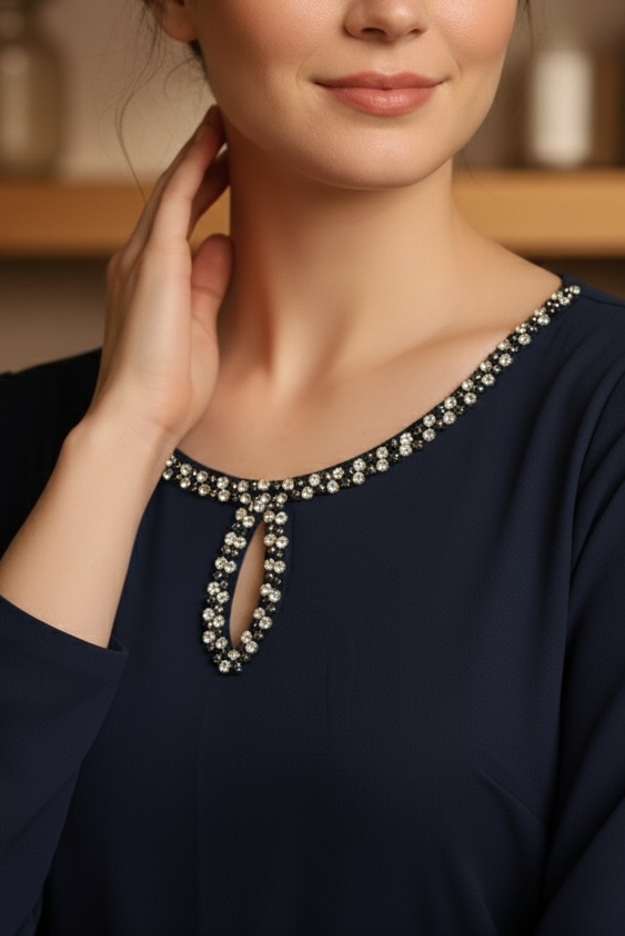 Rochie de ocazie Monicca din stofă bleumarin cu strass-uri la decolteu și curea