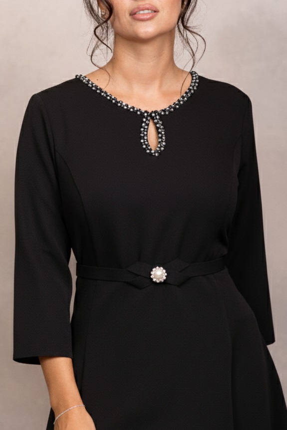 Rochie de ocazie Monicca din stofă neagră cu strass-uri la decolteu - imagine 2
