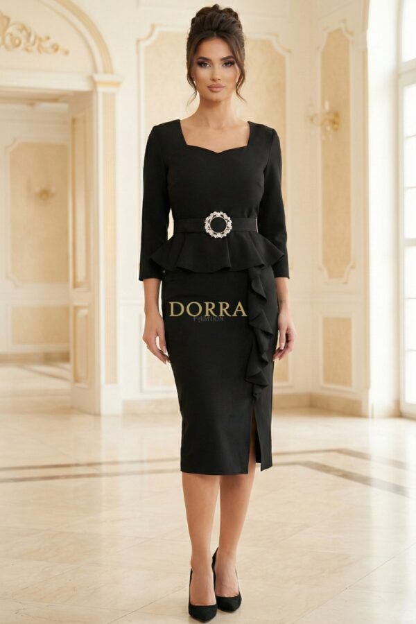 Rochie midi Noemi din stofă elastică neagră cu volane și curea - spate