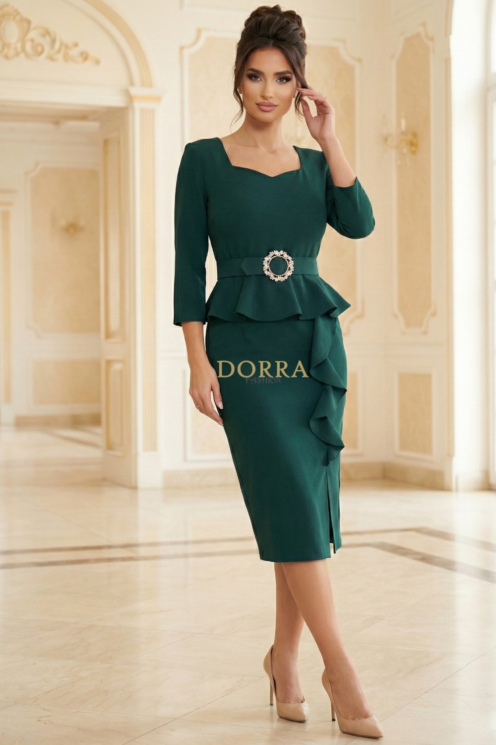 Rochie midi Noemi din stofă elastică verde cu volane și curea - spate