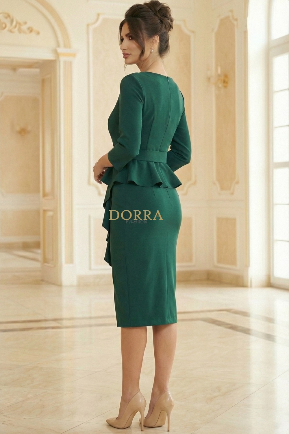 Rochie midi Noemi din stofă elastică verde cu volane și curea - imagine 6