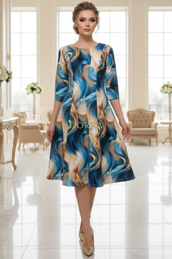 Rochie de zi Oliveira din barbie cu imprimeu abstract turquoise - poză frontală