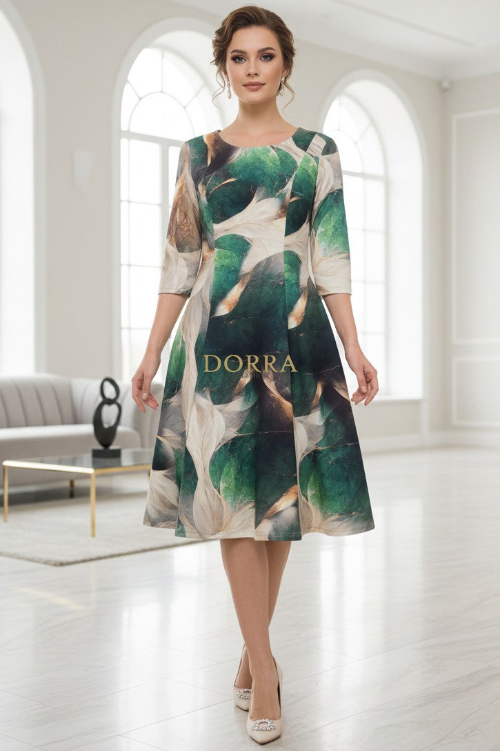 Rochie de zi Oliveira din barbie cu imprimeu abstract verde - poză frontală