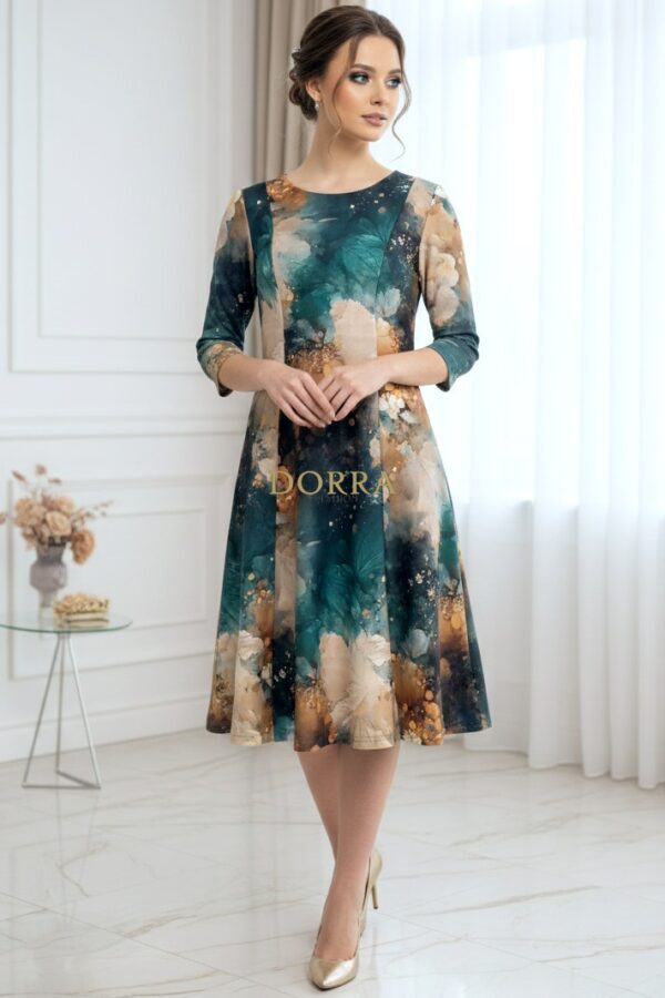 Rochie de zi Oliveira din barbie cu imprimeu abstract turquoise-caramel - poză frontală