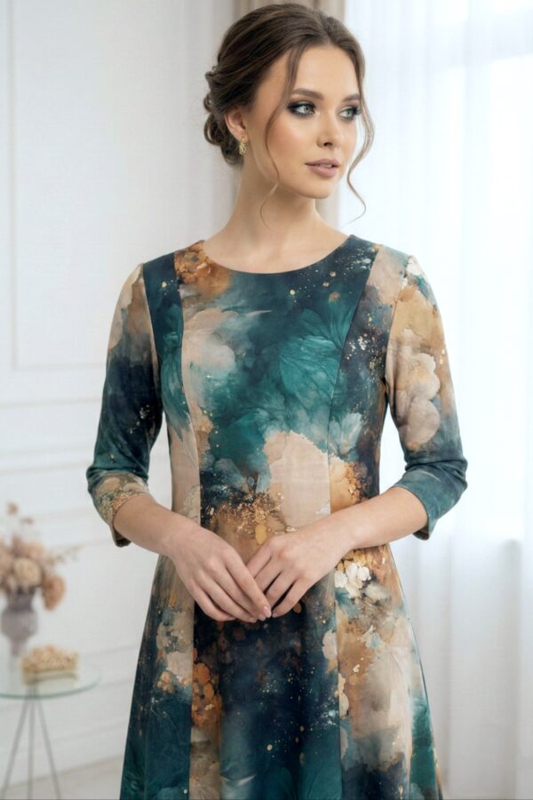 Rochie de zi Oliveira din barbie cu imprimeu abstract turquoise-caramel