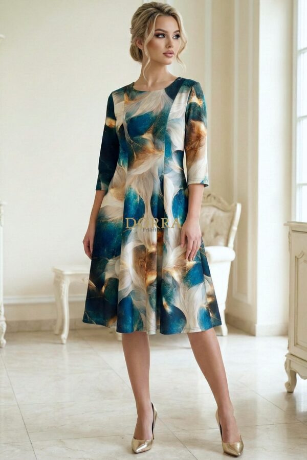 Rochie de zi Oliveira din barbie cu imprimeu abstract turquoise-ivoire - poză frontală