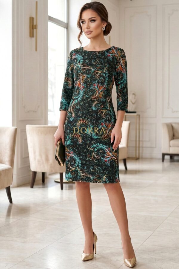 Rochie de zi Palloma din jerse cu imprimeu abstract turquoise și roșu - poză frontală