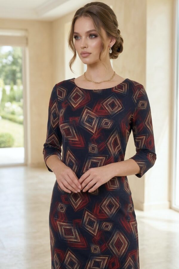 Rochie de zi Palloma din jerse bleumarin cu imprimeu geometric - detaliu