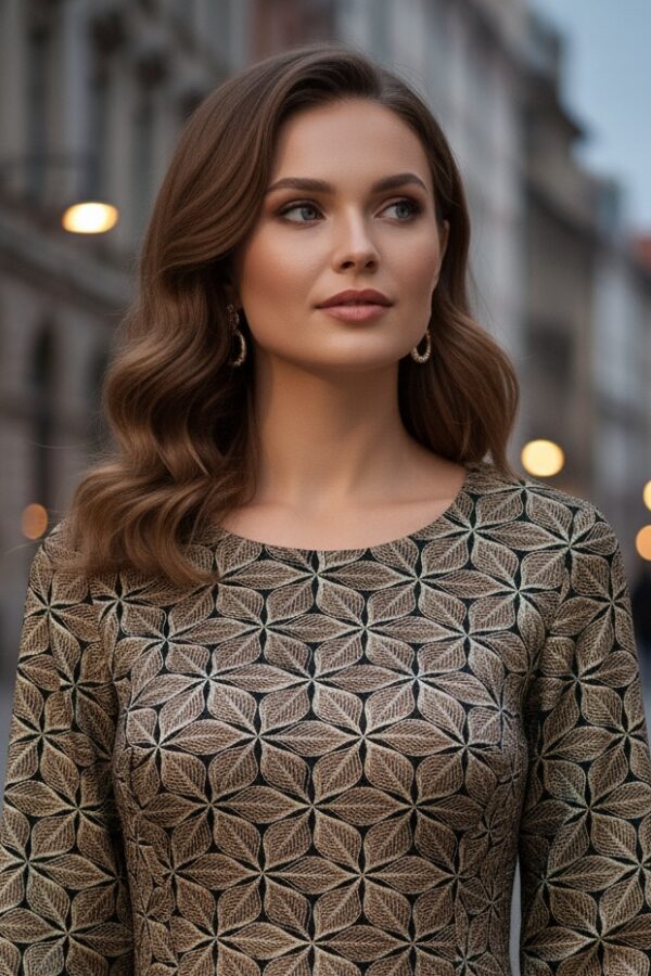 Rochie de zi Palloma din jerse crem cu imprimeu floral