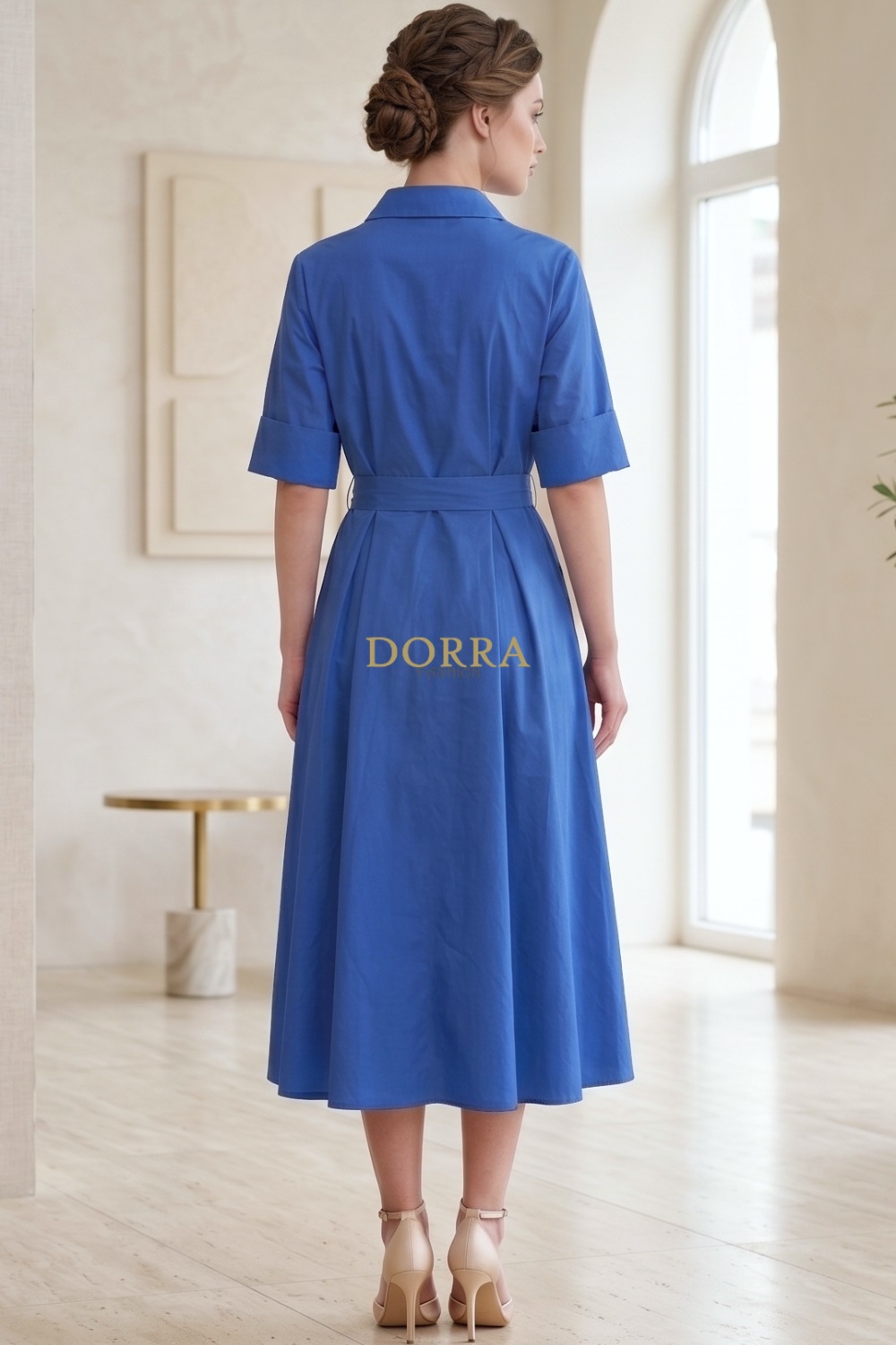 Rochie midi Paula din bumbac albastru cu nasturi și cordon - spate