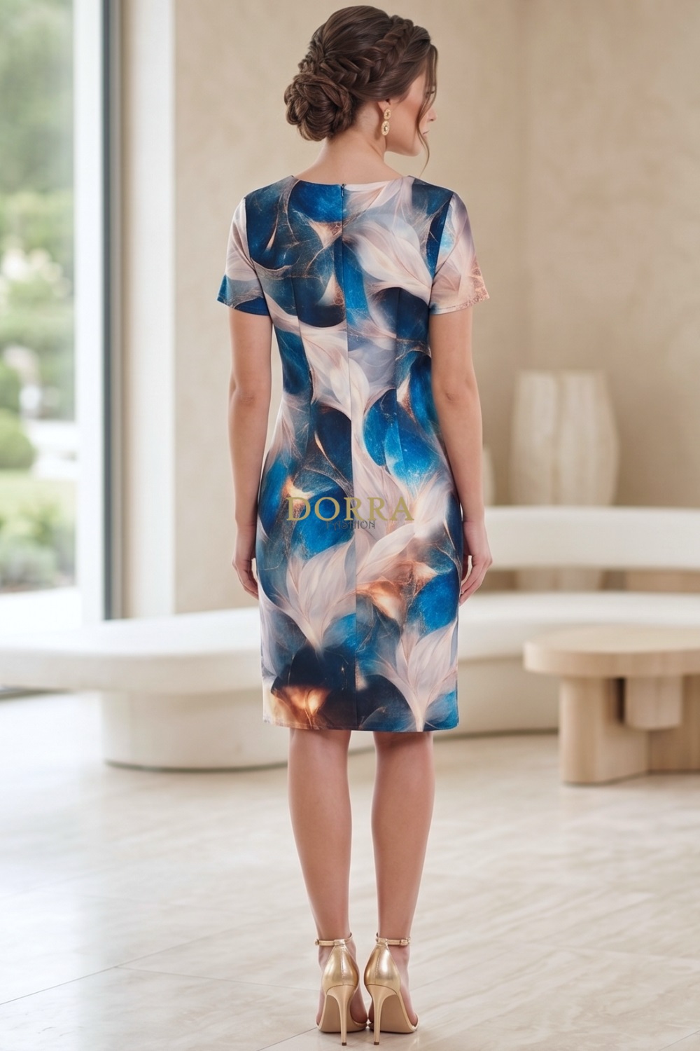 Rochie de zi Perla din vâscoză cu imprimeu turquoise-caramel - spate