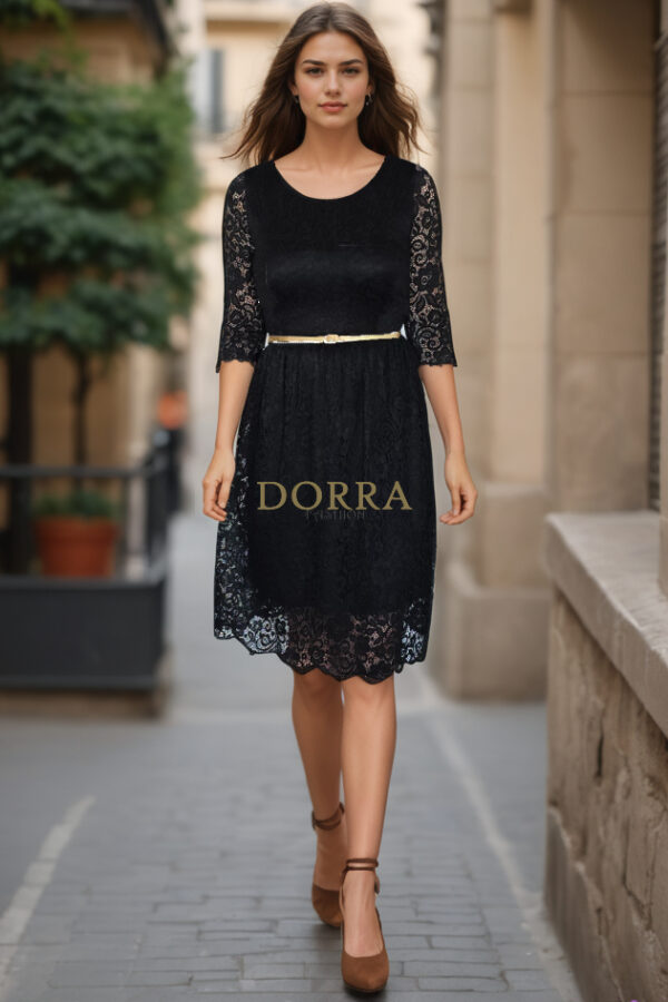 Rochie cocktail Rafaela din dantelă neagră cu mâneci 3/4