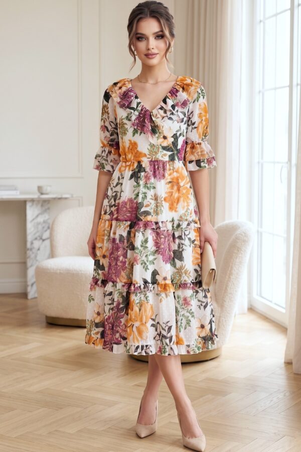 Rochie Raluca din voal ivoire cu imprimeu floral și volane - poză frontală