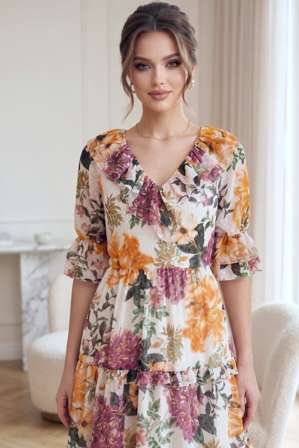 Rochie Raluca din voal ivoire cu imprimeu floral și volane - detaliu