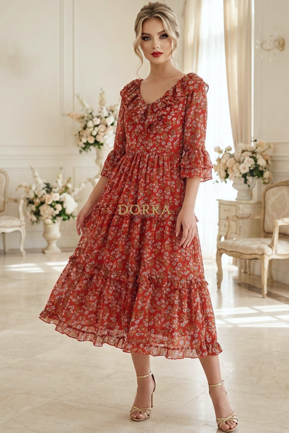 Rochie midi Raluca din voal roșu cu imprimeu floral și volane - poză frontală