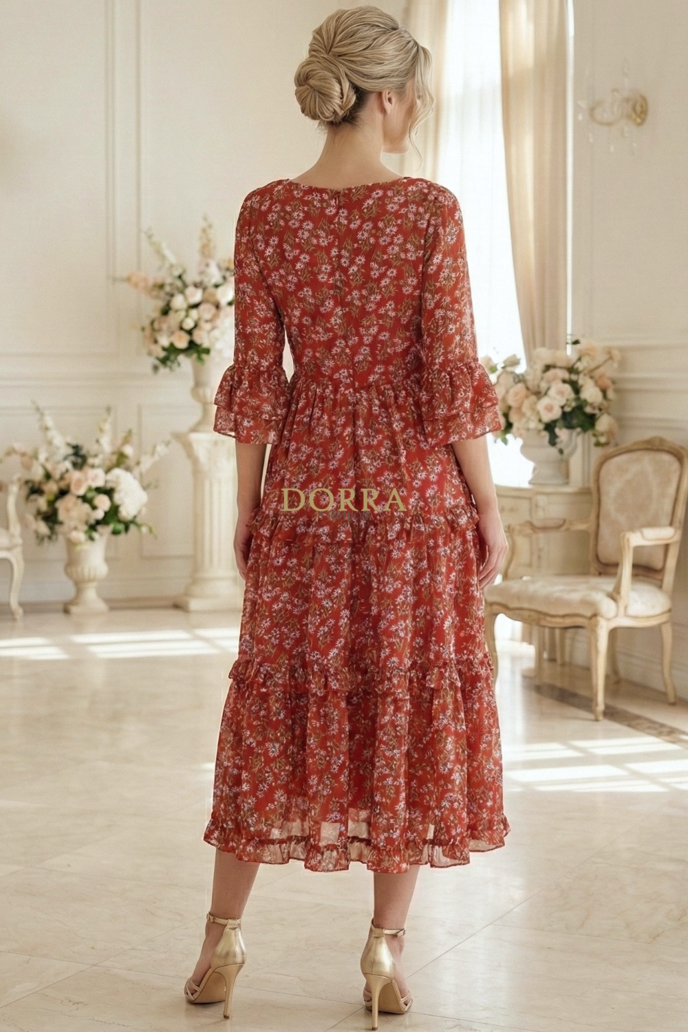 Rochie midi Raluca din voal roșu cu imprimeu floral și volane - spate