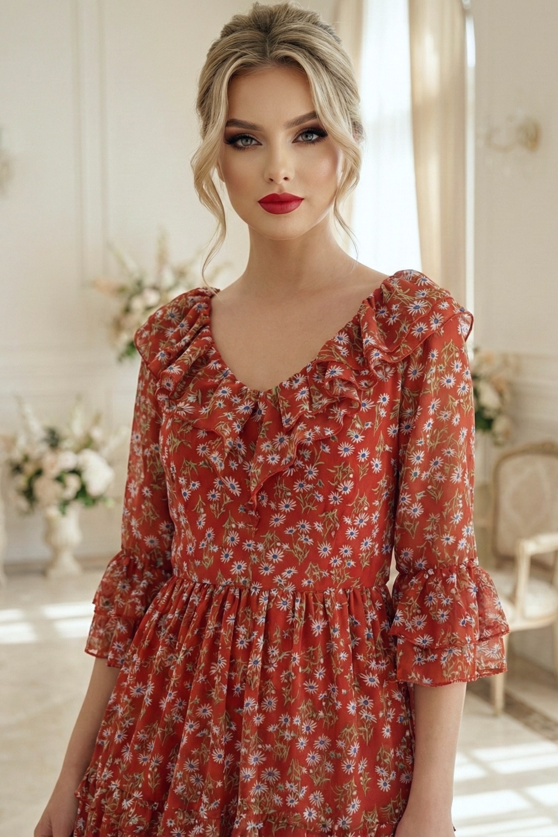 Rochie midi Raluca din voal roșu cu imprimeu floral și volane - detaliu
