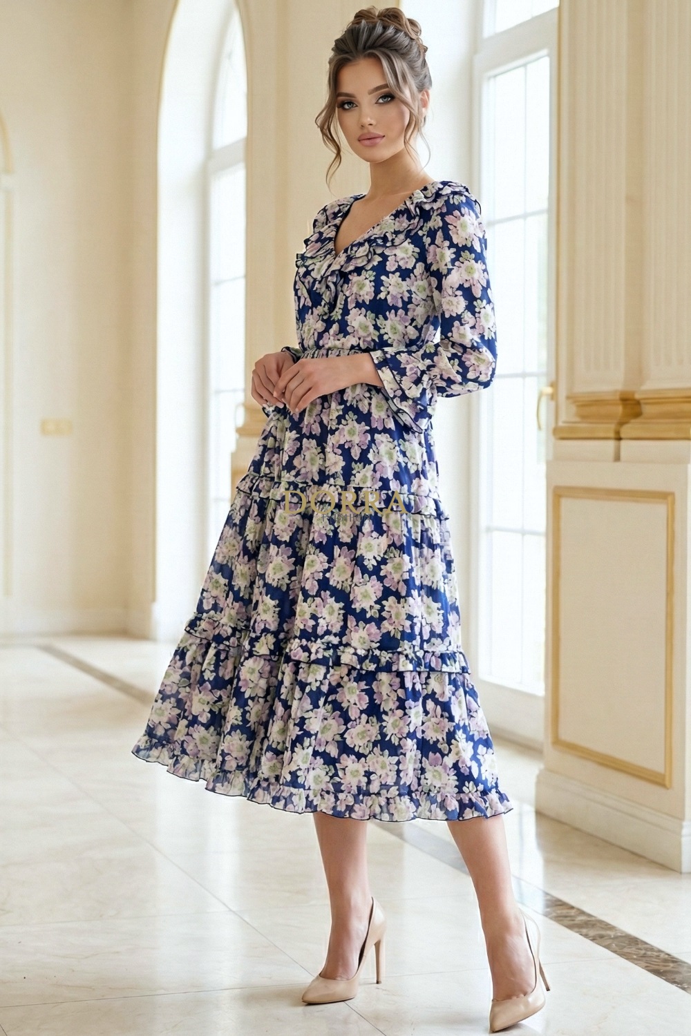Rochie midi Raluca din mătăsică bleumarin cu imprimeu floral - poză frontală