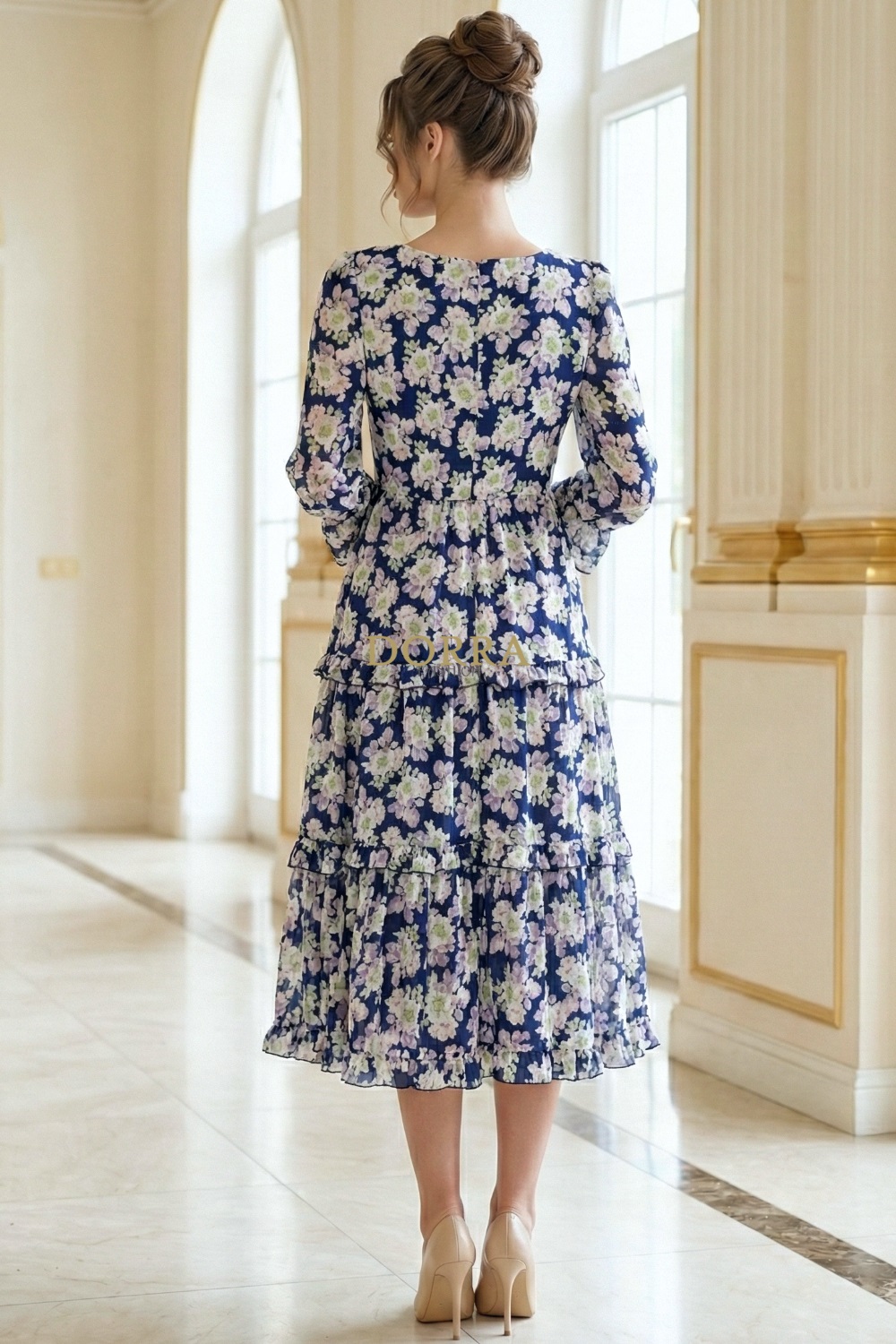 Rochie midi Raluca din mătăsică bleumarin cu imprimeu floral - spate