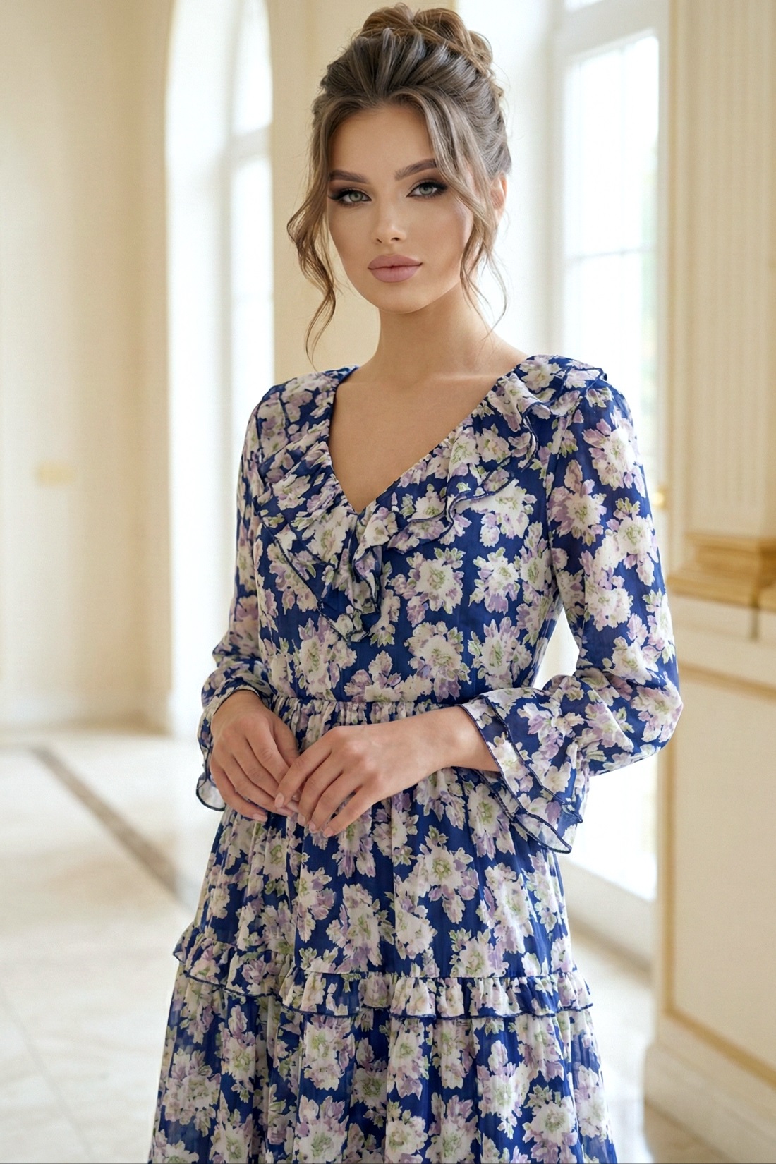 Rochie midi Raluca din mătăsică bleumarin cu imprimeu floral - detaliu