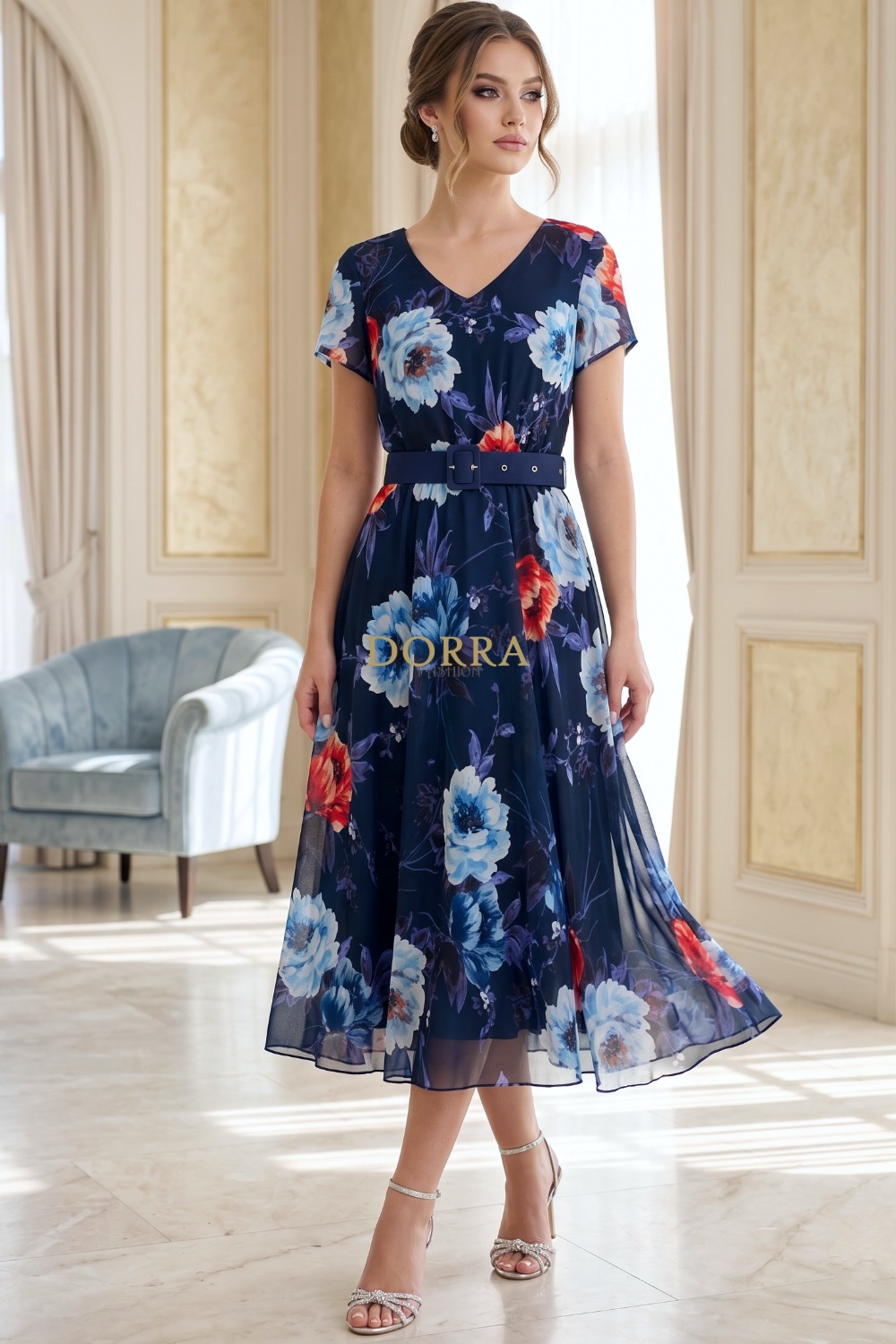 Rochie midi Ramada din voal bleumarin cu imprimeu floral și curea - poză frontală